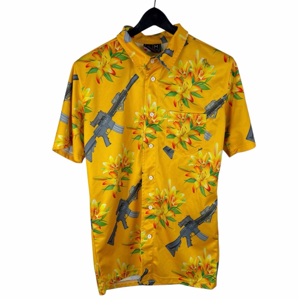 Mens OAF Nation All Print Firearm Floral AR Button Down Orange Shirt Size M